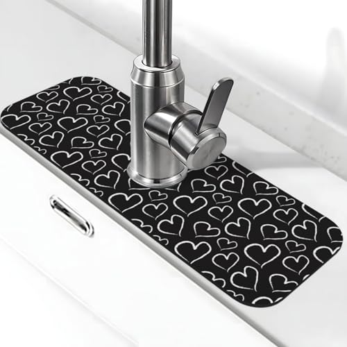 Love Heart Hearts Black And White Kitchen Sink Splash Guard Faucet Mat Super Absorbent Fast Drying Mat Sink Gadgets-Fast Drying Pad Sink Mat For Kitchen Bathroom (15" X 5.5" ) - color: Love Heart