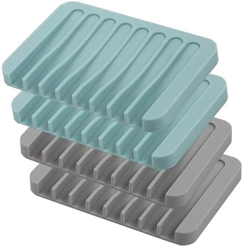 4PCS Self Draining Soap Holder, Premium Silicone Soap Dish, Waterfall Drainer Soap Saver for Bathroom, Kitchen, Bath Tub, Extend Soap Life, Keep Soap Bars Dry Easy Clean (Grey & Teal) - color: Grey & Teal