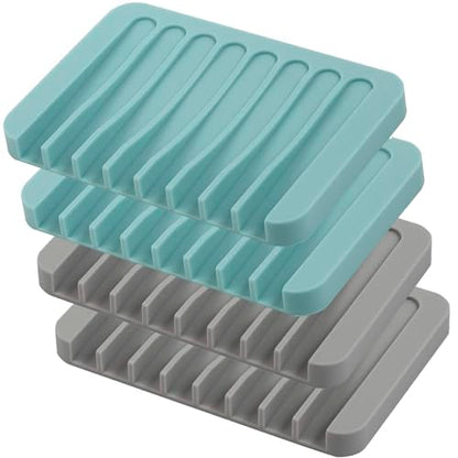 4PCS Self Draining Soap Holder, Premium Silicone Soap Dish, Waterfall Drainer Soap Saver for Bathroom, Kitchen, Bath Tub, Extend Soap Life, Keep Soap Bars Dry Easy Clean (Grey & Teal) - color: Grey & Teal