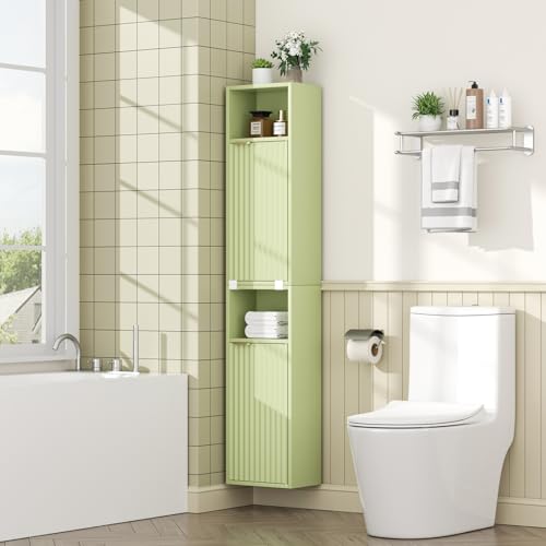 AKMAKM 59.1" Tall Slim Bathroom Storage Cabinet Green | Freestanding or Wall Mounted Modular Cabinet, Fluted Panel Linen Tower with Adjustable Shelves for Small Spaces - color: Green