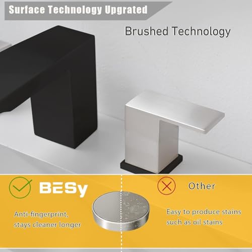 BESy Bathroom Faucet 3 Holes Two Handles Vanity Widespread 8 Inch Bathroom Sink Faucet, Waterfall Bathroom Sink Faucet with cUPC Supply Hoses, Pop Up Drain, Stainless Steel, Matte Black with Nickel - color: Matte Black with Nickel, size: 8 Inch Widespread