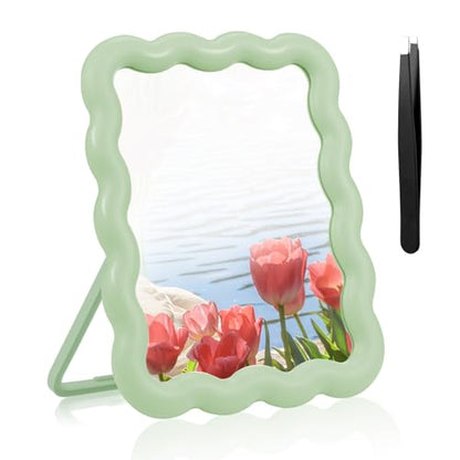 Desk Mirror, Wave-Shaped Adjustable Desk Vanity Makeup Mirror Office Cubicle with Eyebrows Tweezer, 6.7*5.3In Cute Travel Portable Folding Make Up Mirrors for Standing Hanging Home Decoration(Green)