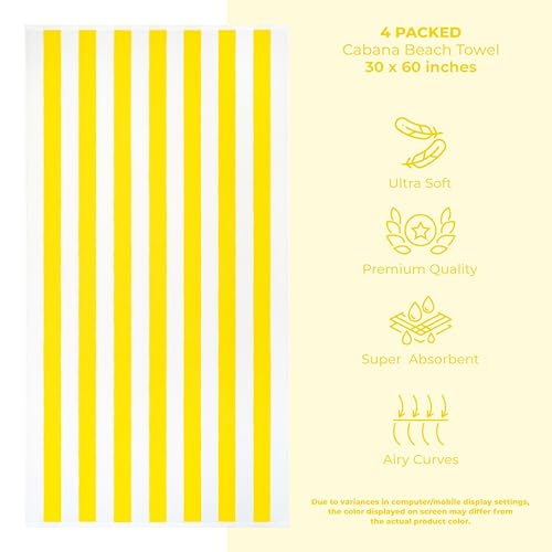 American Soft Linen Cabana Striped Beach Towels, 30x60 inch 4 Piece Oversize Pool Towels, Quick Drying Sand Free Swim Towels, Yellow - color: Yellow