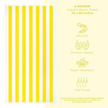 American Soft Linen Cabana Striped Beach Towels, 30x60 inch 4 Piece Oversize Pool Towels, Quick Drying Sand Free Swim Towels, Yellow - color: Yellow