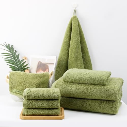 18-Piece Cotton Bath Towel Set with Hanging Loops for Bathroom, Green | Stock-up towel set for family bathrooms, guest baths, multi-bath homes, and wash-day rotation, OEKO-TEX certified, easy care - color: A05: Green