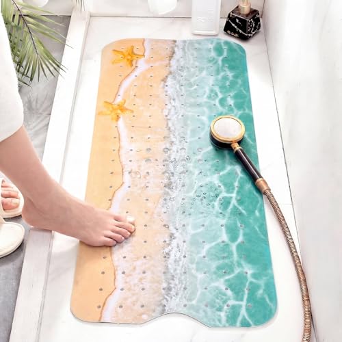 Breling Summer Beach Bathtub Mat Non Slip, 40 x 16 Inch Tub Mat for Bathroom, Starfish Bath Tub Shower Mats with Drain Holes and Suction Cups, Beach Ocean Themed Coastal Bathroom Decor - style: Art Deco