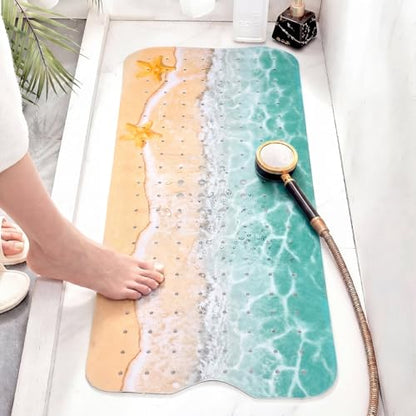 Breling Summer Beach Bathtub Mat Non Slip, 40 x 16 Inch Tub Mat for Bathroom, Starfish Bath Tub Shower Mats with Drain Holes and Suction Cups, Beach Ocean Themed Coastal Bathroom Decor - style: Art Deco