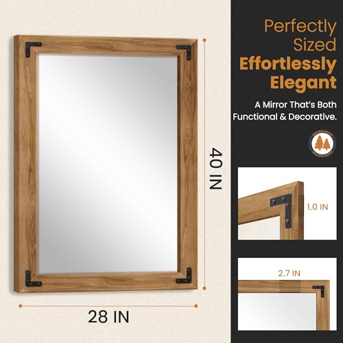 Wood Framed Bathroom Vanity Mirror for Wall, 28"x40" Farmhouse Mirror | Solid Wood Frame, HD Shatterproof Glass, Vertical/Horizontal Hanging, Ideal for Bathroom, Living Room, Bedroom - size: 40"L x 28"W