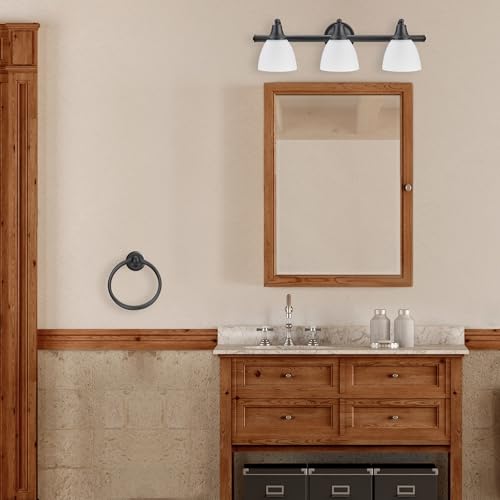 Globe Electric 51227 Jayden 5-Piece All-In-One Bathroom Set, Oil Rubbed Bronze, 3-Light Vanity Light with Frosted Glass Shades, Towel Bar, Toilet Paper Holder, Towel Ring, Robe Hook, Bulb Not Included - color: Oil-Rubbed Bronze