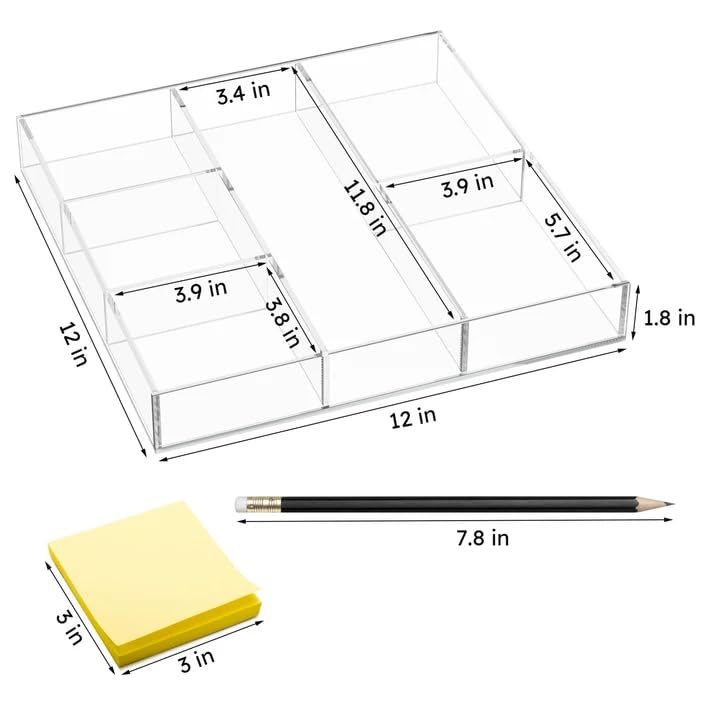 Acrylic Drawer Organizer, 6 Section Clear Makeup Tray Organizer for Drawer Office Bedroom(11.8x11.8 inch) - size: 12'' x 12''