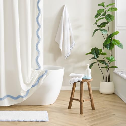 Peri Home 2 Piece Cotton Bath Towel Set, Embroidered, White, Blue Scallop - color: White With Blue Scallop, size: 2 Bath Towel