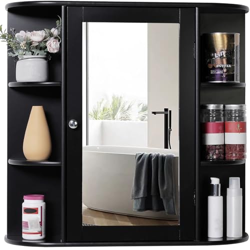 Iwell Bathroom Medicine Cabinet with Mirror, Wall Cabinet with 2 Adjustable Shelves & 6 Open Shelves, Bathroom Cabinet Wall Mounted, Over The Toilet Space Saver Storage Cabinet, Black - color: Black With Mirror