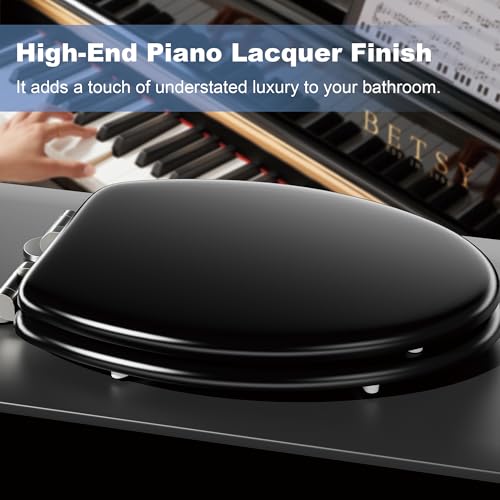Elongated Slow Close Toilet Seat, Black Wood Toilet Seat Support 400 lbs, Heavy Duty Oval Wood Toilet Lid with Soft Close Chrome Hinges, Grip-Tight Bumpers - Easy to Clean, Quick Assembly - color: Black, size: Elongated Slow Close
