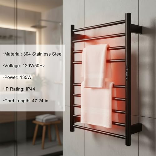 Black Heated Towel Rack for Bathroom Wall Mounted Hardwired | Heated Towel Bar, 9 Bars with Timer and Temp Control, Left or Right Side Plug-in/Hardwired, 304 Stainless Steel Matte Black - color: Matte Black