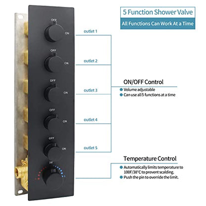 Matte Black Shower System Ceiling Shower Faucet Set with 6PCS Body Jets, 5-Function Thermostatic Shower valve,16 * 24 Inch Shower Head and Handheld Sprayer - color: Matte Black
