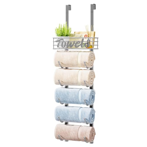 HapiRm Towel Racks for Bathroom Storage - 6 Tier Over The Door & Wall Mount Rolled Towel Storage Organizer Holder with Metal Shelf Basket for Small Bathroom, Camper, Rv - Sliver, Patented - color: Silver, size: 6-Tier