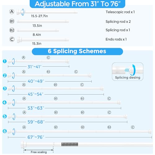 Shower Curtain Rods 31-76" 2Pcs White Spring Tension Rod Adjustable | 7/8" Tension Shower Rod Carbon Steel Tube, Rust-Proof Non-Slip Tool-Free, Ideal Shower Rods for Bathroom Windows Room Divider - color: White, size: 31"-76"-2P