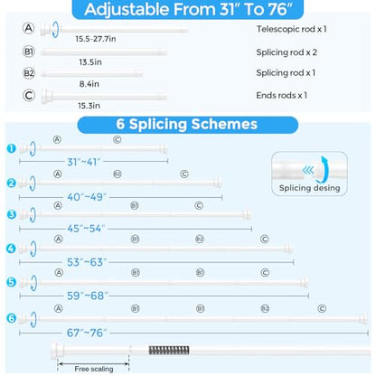 Shower Curtain Rods 31-76" 2Pcs White Spring Tension Rod Adjustable | 7/8" Tension Shower Rod Carbon Steel Tube, Rust-Proof Non-Slip Tool-Free, Ideal Shower Rods for Bathroom Windows Room Divider - color: White, size: 31"-76"-2P