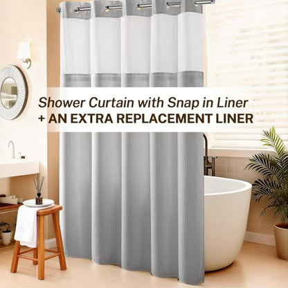 River Dream No Hooks Shower Curtain with 2 Snap in Liner, Light Grey, 71x74 | Waffle Weave, 1 Attached Snap in Liner and 1 Extra Replacement Liner, Bathroom Curtains Shower Set, Hotel Grade, Spa Like - color: Light Grey
