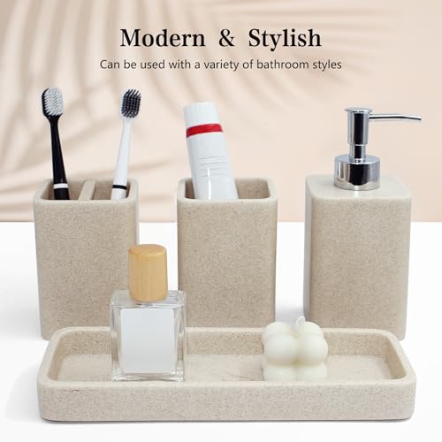 Bathroom Accessories Set, 4 Piece Toothbrush Holder Set - Sand Beige | Bathroom Accessory Set with Soap Dispenser, Toothbrush Holder, Tumbler, Vanity Tray, Bathroom Sink Set for Modern Home Decor - style: Beige