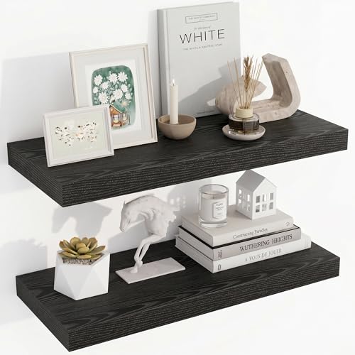 Acovy 24 Inch Floating Shelves, 24"x9.25"x1.5" Inch Deep Floating Shelves for Wall, Wooden Shelves for Bathroom, Bedroom, Living Room, Black, 2 Pieces - color: Black, size: 24"x9.25"-2pcs