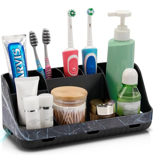 GFWARE Marble Black Toothbrush Holder for Bathrooms, Bathroom Sink Storage | Detachable 7 Slots Kid Electric Toothbrush and Toothpaste Holder, Bathroom Sink Accessories Storage Caddy Marble-Look, Black - color: Black Marble
