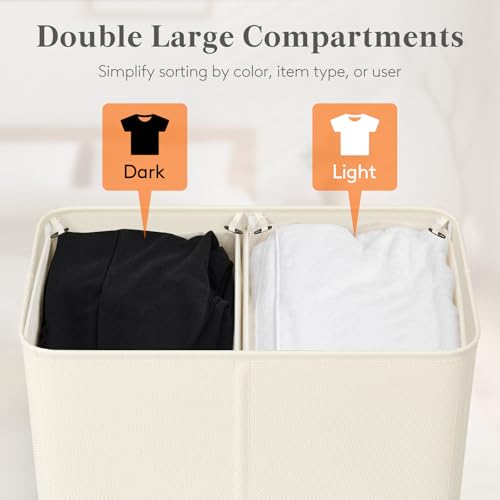 Lifewit 136L Double Laundry Hamper, 2 Sections Large Laundry Basket with Lid and Removable Bag, Divided Dirty Clothes Hamper in Bedroom Bathroom Dorm College, White