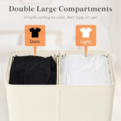 Lifewit 136L Double Laundry Hamper, 2 Sections Large Laundry Basket with Lid and Removable Bag, Divided Dirty Clothes Hamper in Bedroom Bathroom Dorm College, White