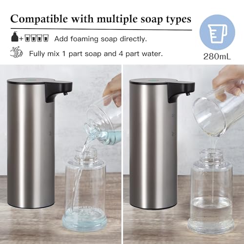 Automatic Soap Dispenser, Rechargeable Stainless Steel Foaming Soap Dispenser Touchless for Bathroom Auto Hand Soap Pump for Kitchen, Xmas Gift,9oz - color: Silver-black