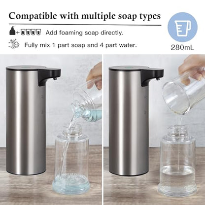 Automatic Soap Dispenser, Rechargeable Stainless Steel Foaming Soap Dispenser Touchless for Bathroom Auto Hand Soap Pump for Kitchen, Xmas Gift,9oz - color: Silver-black