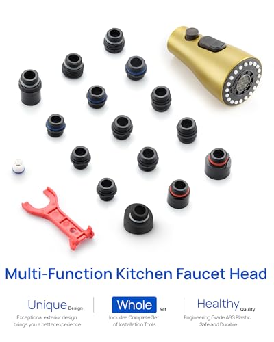 J-HVA Pull Down Kitchen Faucet Sprayer Head Replacement, Brushed Gold | 3 Function Pull Out Sink Sprayer Replacement Nozzle Part, Kitchen Faucet Head Hose Spray Tap Spout, 15 adapters - color: Brushed Gold
