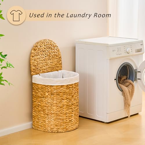 Half Round Wicker Laundry Hamper with Lid and 2 Removable Liner Bags, Handwoven Natural Water Hyacinth Laundry Basket for Dirty Clothes, Natural - color: Natural, size: 90L