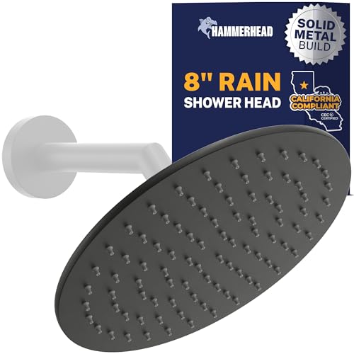 HammerHead Showers® Solid Metal 8 Inch Rainfall Shower Head – MATTE BLACK - Shower Head Rainfall - 1.75 GPM High Flow Shower Head Optimized for Pressure – Large Round Rain Shower Heads - color: Matte Black, size: 1.75 GPM