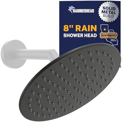 HammerHead Showers® Solid Metal 8 Inch Rainfall Shower Head – MATTE BLACK - Shower Head Rainfall - 1.75 GPM High Flow Shower Head Optimized for Pressure – Large Round Rain Shower Heads - color: Matte Black, size: 1.75 GPM