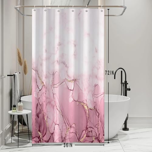 Pink Marble Stall Waterproof Shower Curtain 36x72 inches | RV Small Shower Curtain Set for Bathroom, Abstract Modern, Machine Washable, Easy to Install with Hooks, Ombre White Pink - color: Pink, size: 36"W x 72"L (Pack of 1)
