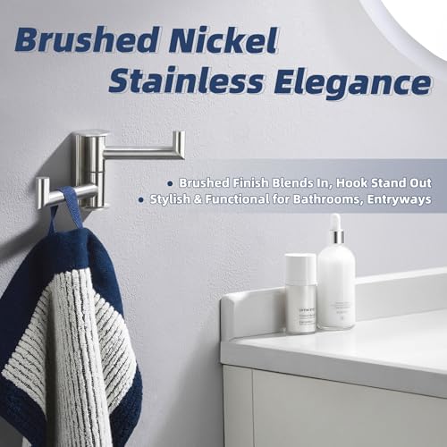 Double Swivel Towel Hook, Brushed Nickel, 304 Stainless Steel | 180° Adjustable Positions, Fold-Flat Storage, Upturned End Stops, Towels, Robes & Bags, Bathroom, Kitchen & Closet Use - color: Brushed Nickel, size: 1 Pack