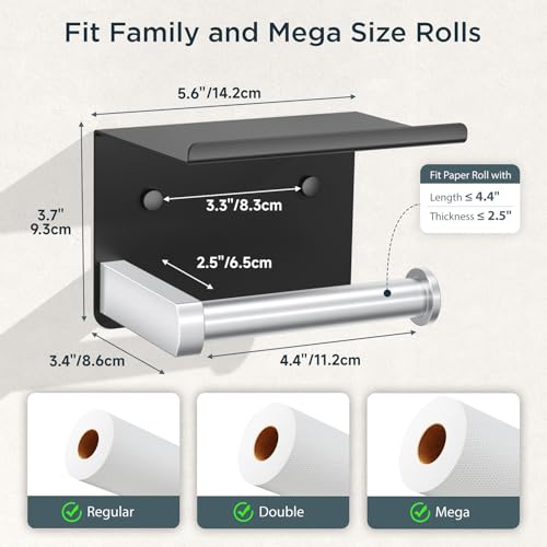 FORIOUS Toilet Paper Holder with Phone Shelf, Black & Brushed Nickel | Wall Mount Toilet Paper Roll Holder for Bathroom, Stainless Steel Commercial Toilet Tissue Roll Dispenser with Phone Shelf - color: Matte Black & Brushed Nickel