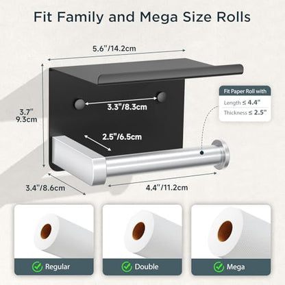 FORIOUS Toilet Paper Holder with Phone Shelf, Black & Brushed Nickel | Wall Mount Toilet Paper Roll Holder for Bathroom, Stainless Steel Commercial Toilet Tissue Roll Dispenser with Phone Shelf - color: Matte Black & Brushed Nickel