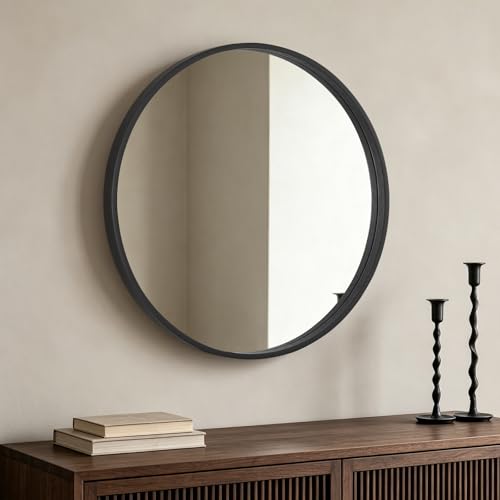 HOMECOOKIN Round Wood Mirror 28 inch Circle Mirror, Rustic Farmhouse Wooden Framed Decorative Wall Decor, Vanity Wall Mirror for Bathroom, Bedroom, Entryway, Living Room (Black) - color: Black, size: 28"L x 28"W