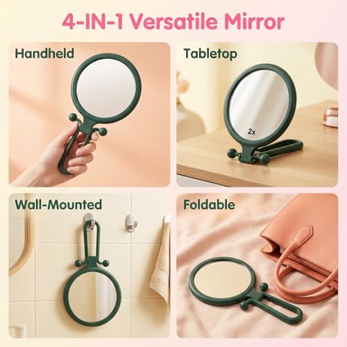 Magnifying Handheld Mirror Double Sided, Travel Makeup Hand Mirrors with 1X 2X Magnification, Small Hand/Desk Vanity Mirror (1Pc Dark Green) - color: 1pc Dark Green