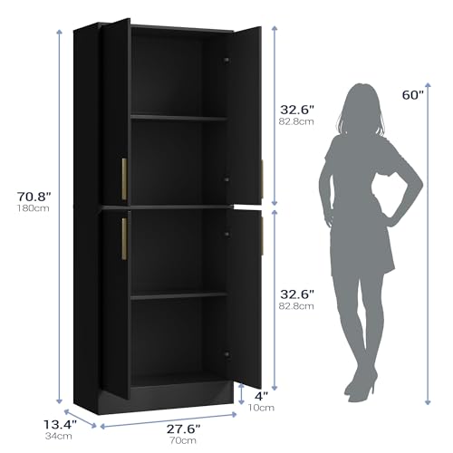 Housoul 71" Tall Pantry Cabinet, 4 Doors Kitchen Pantry Storage Cabinet, Freestanding Larder Cupboard, Kitchen Hutch with Gold Handles for Dining Room, Bathroom, Black - color: Black