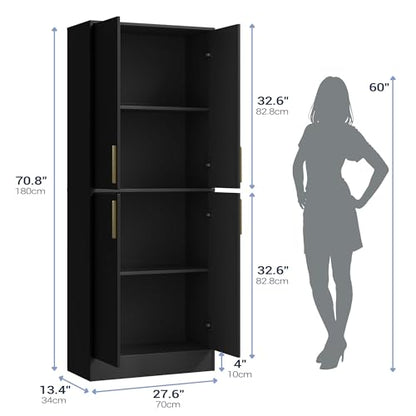 Housoul 71" Tall Pantry Cabinet, 4 Doors Kitchen Pantry Storage Cabinet, Freestanding Larder Cupboard, Kitchen Hutch with Gold Handles for Dining Room, Bathroom, Black - color: Black