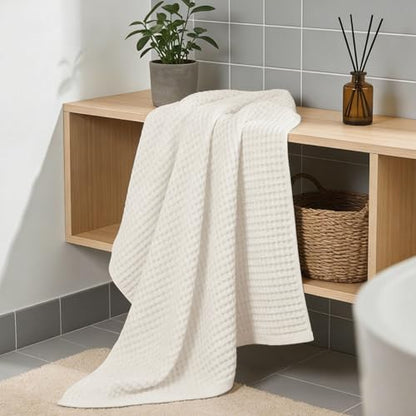 Waffle Bath Towels Set of 2 (Mist White) – Cotton, Quick Dry, Low Lint | 31” x 62” Large Towels for Bathroom Shower Spa Pool - color: Mist White