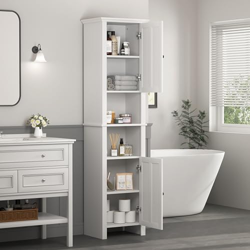 Tall Bathroom Storage Cabinet with Shelves and Door, Narrow Bathroom Cabinet with Adjustable Shelves, Slim Storage Tower, Linen Cabinet for Bedroom, Living Room (White, 15.7"L x 11.8"W x 67"H)