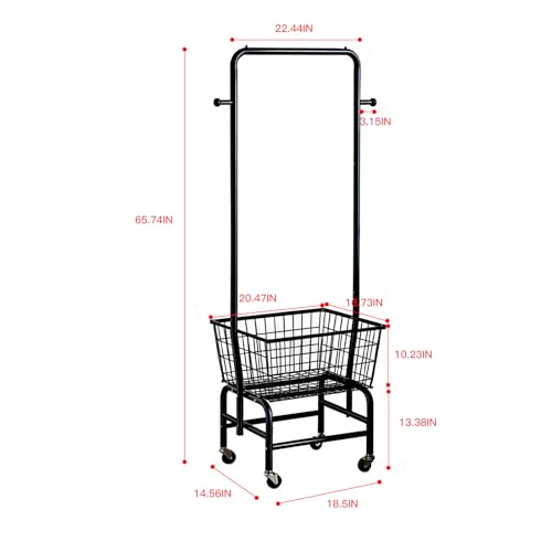 Rolling Laundry Cart with Hanging Rack Metal Laundry Basket with Wheels Laundry Hamper with Storage Basket and Shelf for Laundry Room Organization Black