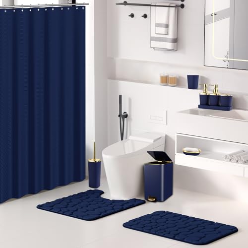 Bathroom Sets with Shower Curtain and Rugs Bathroom Accessories Set Navy Blue Bathroom Set,Soap Dispenser & Toilet Brush Holder Set with Stainless Steel Trash Can(23 PCS) - size: Navy Blue, style: Bath Set+Waffle Shower Curtain+Bath Rugs