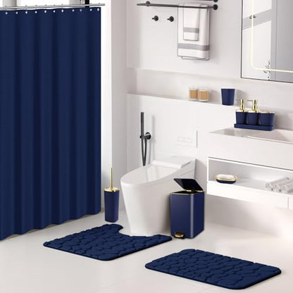 Bathroom Sets with Shower Curtain and Rugs Bathroom Accessories Set Navy Blue Bathroom Set,Soap Dispenser & Toilet Brush Holder Set with Stainless Steel Trash Can(23 PCS) - size: Navy Blue, style: Bath Set+Waffle Shower Curtain+Bath Rugs