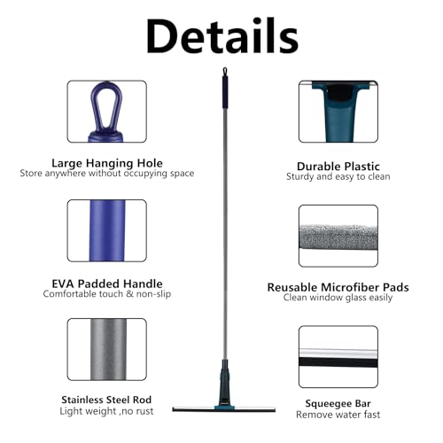 60" Professional Squeegee with Long Handle - Window, Shower & Floor Cleaner for Glass, Tile, Concrete, Mirror, Windshield, Bathroom, Car, Home & Garage