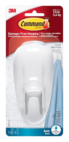 Command Large White Bath Hooks, 1 Hook, 2 Strips | Water Resistant, Damage-Free Hanging, Ideal for Bathroom Organization, Great for Hanging Bath Towels, Holds up to 7.5 lb - size: Large