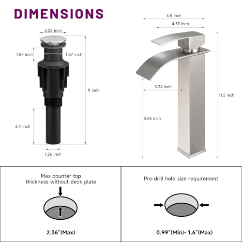 Waterfall Bathroom Faucet Brushed Nickel Stainless Steel Vessel Sink Faucet | Single Handle One Hole Deck Mount,Bowl Vanity Sink Faucet,with Pop-up Drain Stopper and Supply Hose,Lead-Free by Bathfinesse - color: Brushed Nickel
